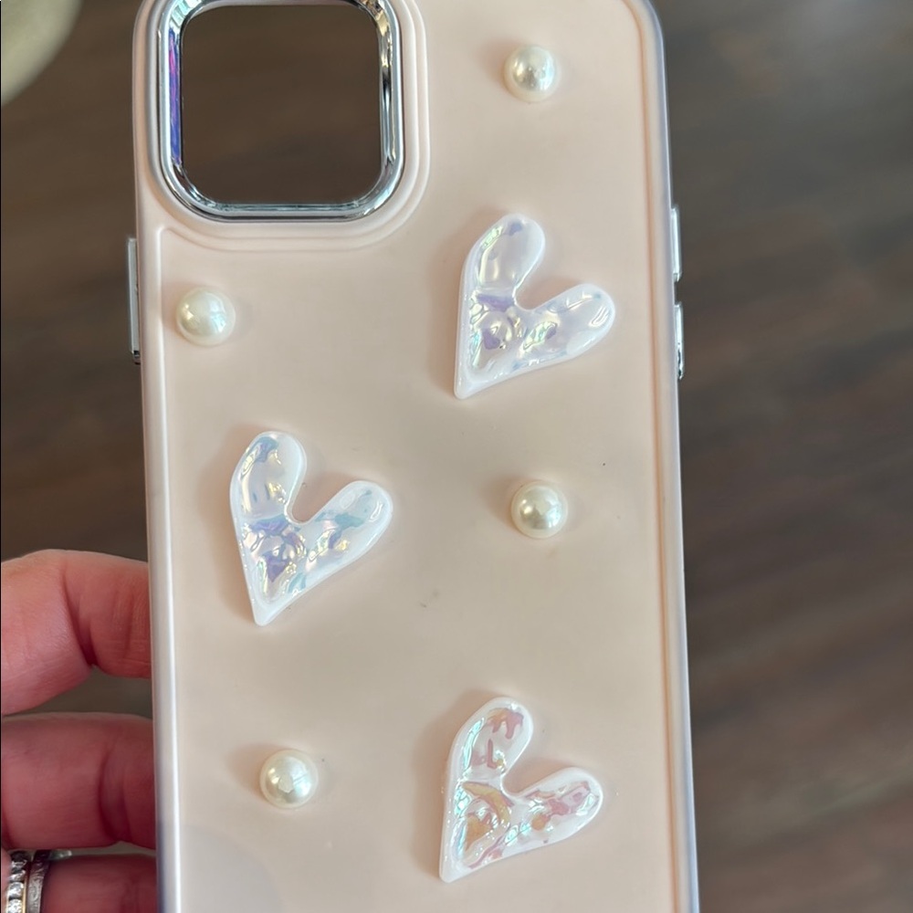 Stylish Cream Phone Case with Heart and Pearl Accents